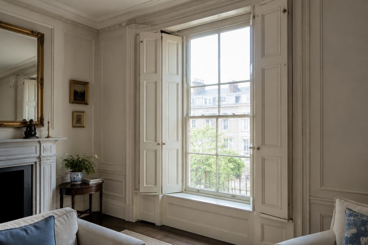 Original internal timber folding shutters and panelled window linings in a Victorian drawing room