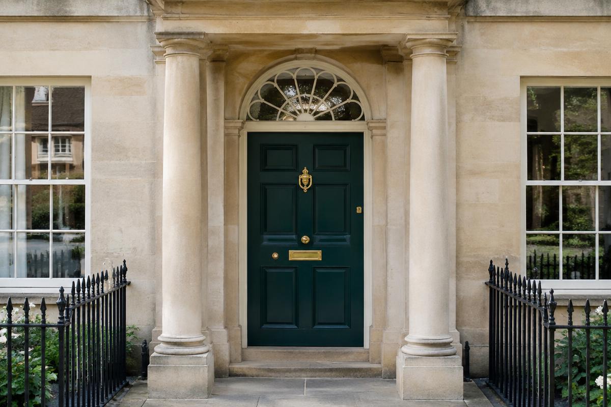 Restored Georgian timber front door with fanlight and stone portico in Cheltenham