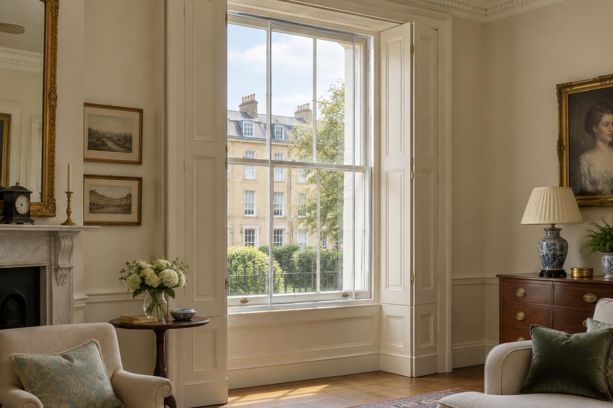 Slim white secondary glazing panel fitted inside an original Georgian sash window in a Cheltenham period living room